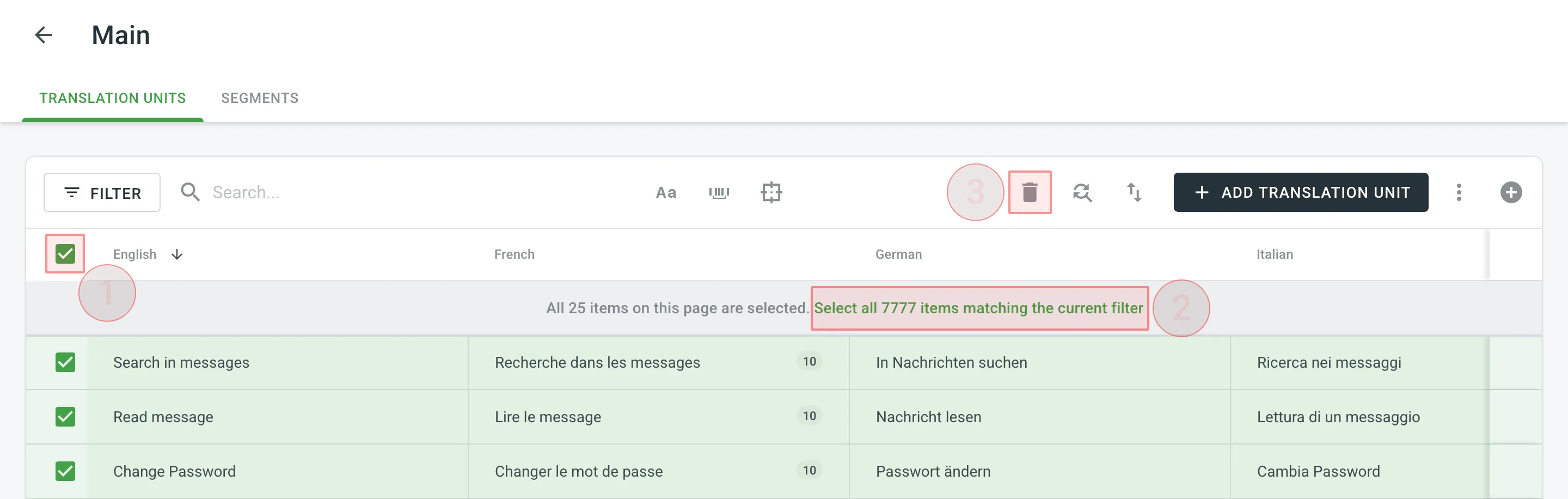 Übersetzungseinheiten löschen